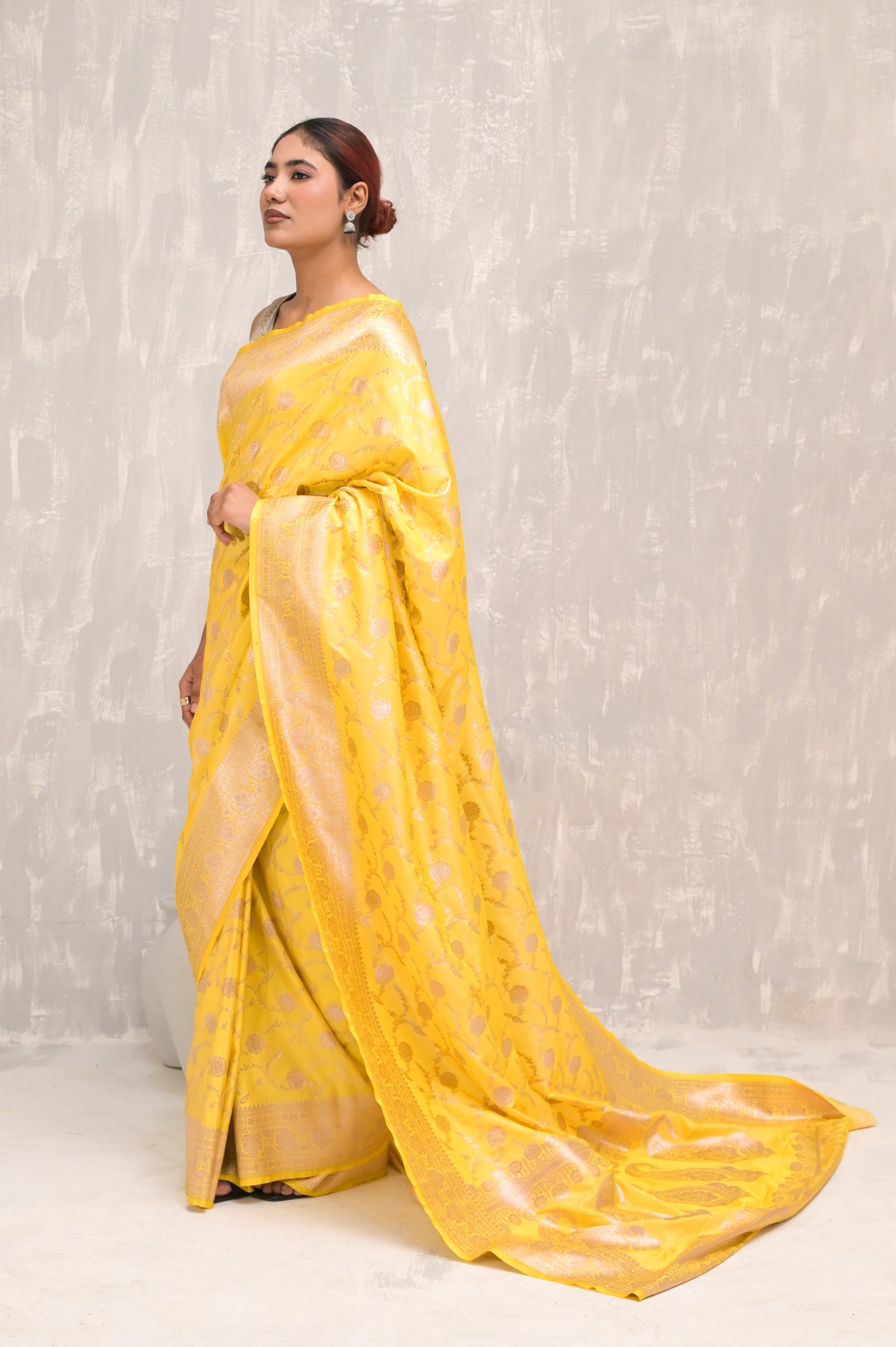 Yellow floral Jangla Silver Zari Handwoven Katan Silk Banarasi Saree